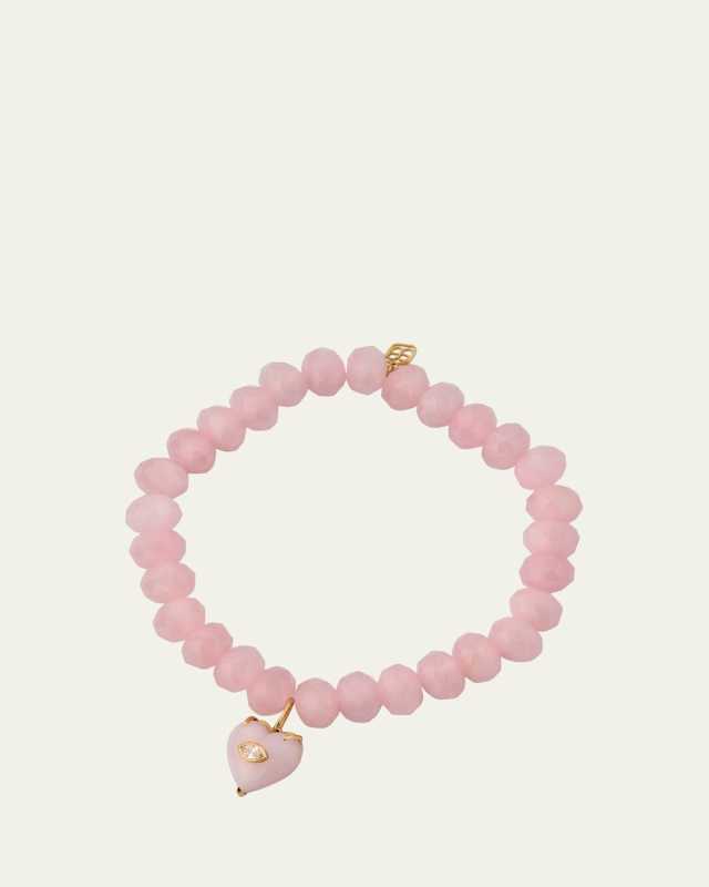 Carved Rose Quartz Marquise Bezel Diamond Heart Charm